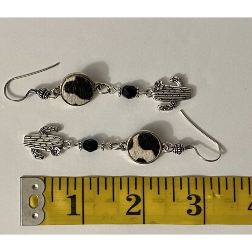 Silver Tone Black Tan Cow Hide Black Glass‎ Cactus Dangle Earrings Handmade NEW - Picture 3 of 4